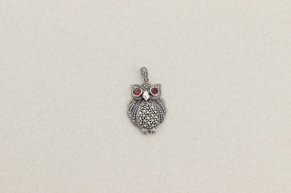 Pendant Only Sterling Silver Natural Garnet Marcasite Owl Pendant 1 1/4" x 3/4" - Picture 6 of 7